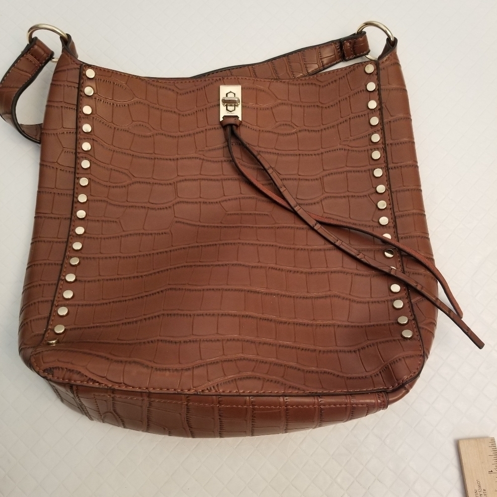 Brown Croc-Embossed Shoulder Bag Studded 11 X 11.5 X 3.5
